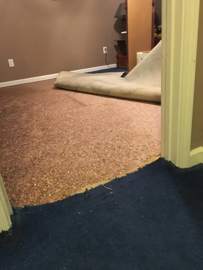 Carpet pad removal revealing water damage during Water Mitigation Services in Waupun